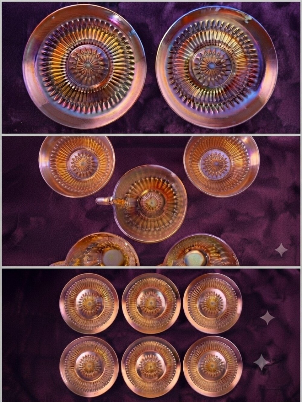 Imperial Glass Vintage Carnival Glass Marigold Punch Teacups & Saucers Set **